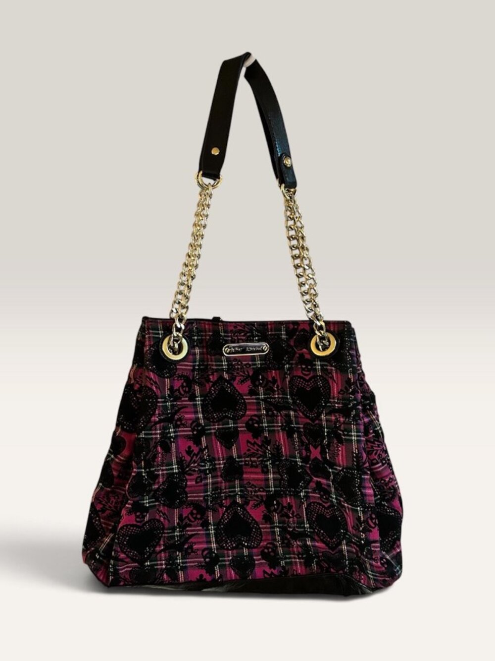 Betsey Johnson Glam Large Pink/Black Slouch Shoulder Bag Chain Shoulder Straps